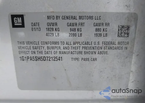 2013 Chevrolet Cruze Ls Auto z USA, uszkodzony, nr VIN 1G1PA5SH5D7212541